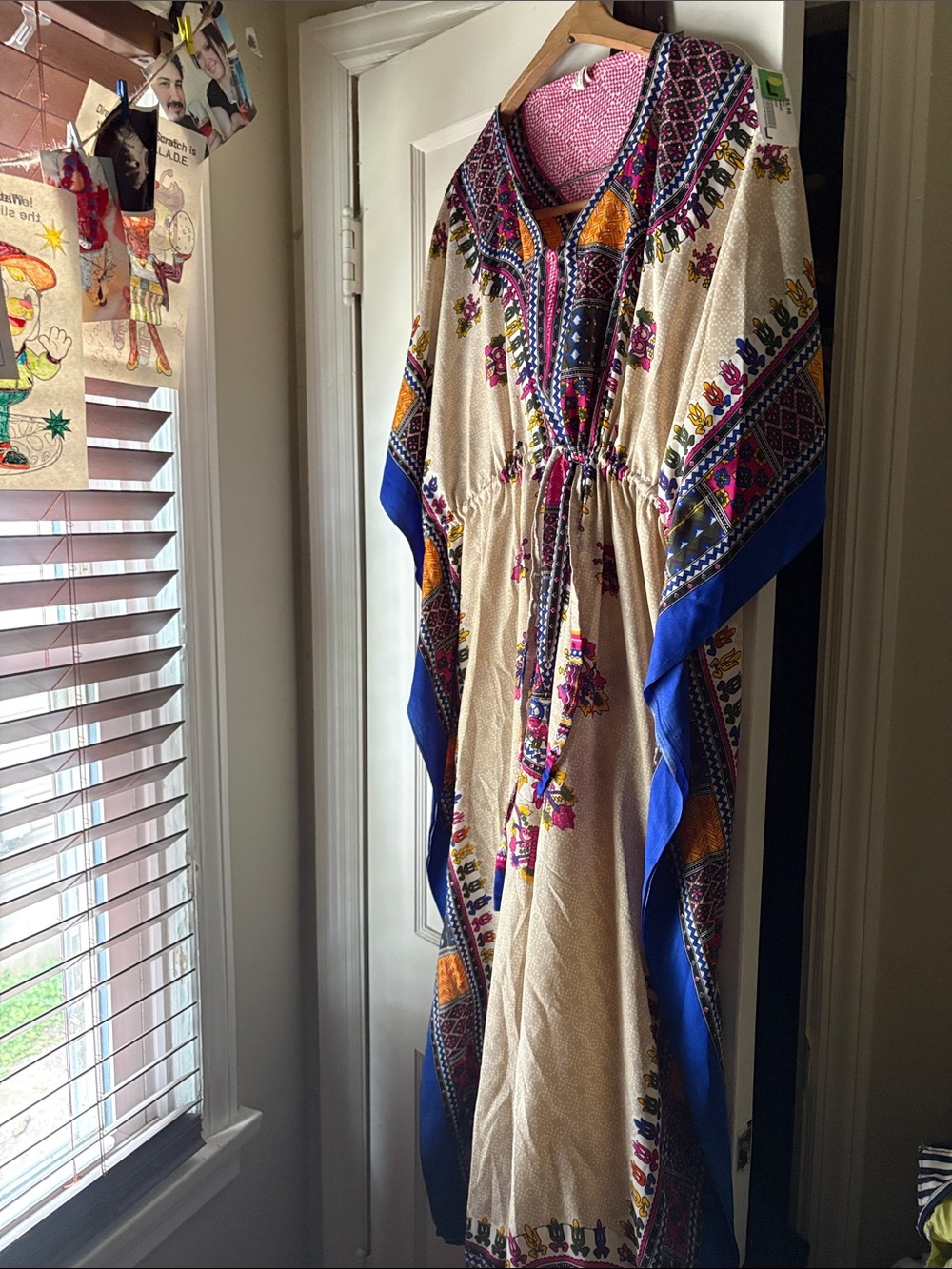 Gorgeous Embroidered Boho Caftan Dress in Cream & Royal Blue